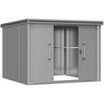GFP - Gerätehaus Metall Gartenhaus 256x256x212 cm Geräteschuppen mit Flachdach inkl. Schiebetür in grau Schuppen wasserdicht