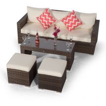 Modern Furniture Direct - Giardino Sydney Brown Large Rattan 3 Seater Sofa Set with Coffee Table and 2 Stools | Poly Rattan Garden Sofa | Patio