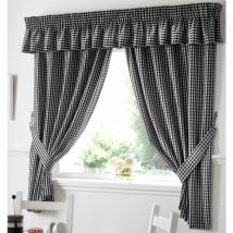 Gingham Kitchen Curtains Black Pelmet 136 x 10