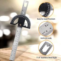 Rapporteur d'angle, Règle de Marquage et Mesures en Menuiserie, Outil de Règle de Menuiserie 300mm Acier Inoxydable, Chercheur d'angle 0-180° pour