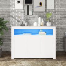 Glänzend weißes Sideboard mit LED-Leuchten, modernes 3-türiges Aufbewahrungsmöbelstück aus Holz mit Fernbedienung für Küche, Wohnzimmer, Esszimmer,