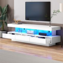 Glänzend weißer TV-Ständer 160 x 38 x 50,5 cm mit 3 Glasfächern, LED-Beleuchtung, App-Steuerung, Bluetooth-Verbindung, für 70-Zoll-Fernseher,