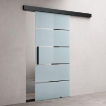 doporro Glasschiebetür Komplettset 102,5 x 205cm 15mm Wandabstand Schiebetür mit ESG-Sicherheitsglas Zimmertür Glas 5-Milchglas-Streifen und Schwarz