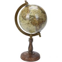 Home Styling - Globe décoratif avec règle en laiton et base en bois de mangue, 15,5 x 13 x 28 cm.