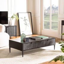 Gloria - Table basse en manguier noir 2 tiroirs sculptés pieds métal