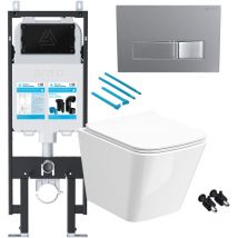 Fnx Bathrooms - Gloss White Rimless Compact Square Wall Hung Toilet with 1.14m Concealed Cistern Frame Set - Chrome Plate