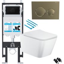 Gloss White Rimless Square Wall Hung Toilet with 1.14m Concealed Cistern Frame Set - Brushed Brass Plate