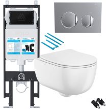 Gloss White Rimless Wall Hung Toilet with 1.14m Concealed Cistern Frame Set - Chrome Plate