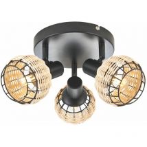 First Choice Lighting - Goa - Black and Natural Rattan 3 Light Ceiling Spotlight Plate - Matt black and natural rattan