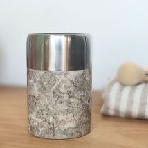 Gobelet salle de bain en marbre et inox gris