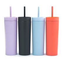 Mowze - gobelets skinny (lot de 4) Gobelets en acrylique de couleur pastel mat avec couvercles et pailles Gobelets en plastique à double paroi de 16