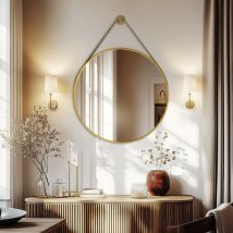 Luvodi - Gold Round Wall Mirror Bathroom Bedroom Makeup Dressing Leather Strap Hanging Mirror - 60cm