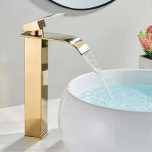 Gold Waterfall Sink Faucet, Waterfall Bathroom Mixer Tap with Spout Height Adjustable Hot and Cold Waterfall Sink Mixer Tap Stainless Steel Bathroom