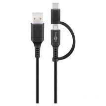 Câble Combiné de Charge et de Synchronisation (avec USB A vers Micro-USB & USB-C ), avec prise USB Micro-B e prise USB-C .