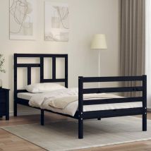 Bed Frame with Headboard Black 90x200 cm Solid Wood - Goodvalue