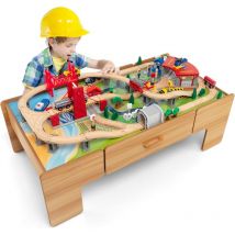 Goplus - 100-teiliges Eisenbahnset und Spieltisch aus Holz, Mehrzweck-Spieltisch mit wendbarer & Abnehmbarer Tischplatte, große Schublade, Züge,