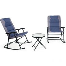 Goplus - 3 Pcs Ensemble de Fauteuil à Bascule et Table Basse Pliante, 2 Chaise Berçante avec 1 Table Ronde en Verre Trempé, Bleu
