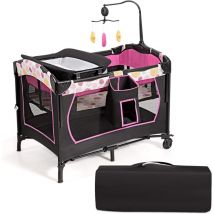4 en 1 Lit Parapluie Bebe 0-36 Mois avec Table a Lange Pliable a 3 Niveaux Reglables, Lit de Voyage avec Jouets Musicaux, Matelas, roulettes, Panier