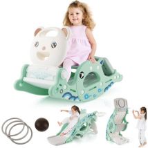 4 en 1 Toboggan et Cheval à Bascule Multifonctionel avec Panier de Basket, Jeu de Lancer d'Anneaux, pour Enfants 1-4 Ans Charge 50KG (Vert Clair)