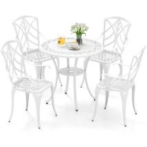 5 Pcs Salon de Jardin-Table Ronde avec Trou de Parasol de 5 cm&4 Chaises-en Fonte d'aluminium Style Vintage Blanc - Goplus