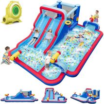 5 en 1 Château Gonflable Extérieur xxl, Double Toboggan, Mur d'escalade, Pataugeoire, Panier de Basket-Ball, Canons à Eau,Humide et Sec, Intérieur et