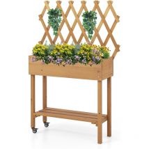 Aiuola Rialzata da Esterno, Fioriera Rialzato da Giardino con Griglie Rampicanti, Orto Letto Rialzato in Legno con Ruote Ripiano per Piante