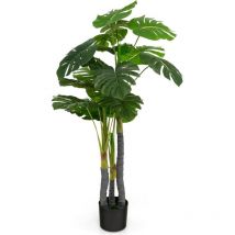 Goplus - Albero Artificiale 120 cm, Pianta Finta Monstera con 20 Foglie Grandi, 3 Tronchi e Muschio Realistico, Pianta Decorativa Sempreverde con Vaso