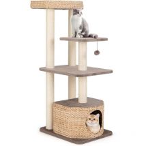 Arbre à Chat 131cm en Tige de Massette, Griffoirs en Sisal, Perchoir, Condo, Boule Suspendue en Peluche, Coussins Amovibles et Lavables, Arbre a Chat