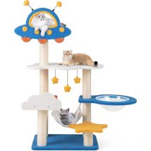 Arbre à Chat Design Univers Cosmique, Plateforme en Forme de Soucoupe Volante et Nid en Forme de Fusée, Griffoir avec 2 Balles à Ressort, Arbre pour