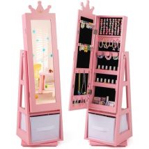 Goplus - Armoire a Bijoux Enfant Fille, 3 en 1 Armoire à Bijoux avec Miroir sur Pied, Organiseur de Bijoux Pivotante avec Tiroir Pliable,