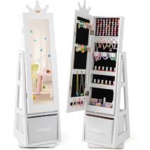 Goplus - Armoire a Bijoux Enfant Fille, 3 en 1 Armoire à Bijoux avec Miroir sur Pied, Organiseur de Bijoux Pivotante avec Tiroir Pliable,