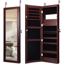 Goplus - Armoire à Bijoux Murale avec Miroir Pleine Longueur,avec Lumières led Automatiques Miroir Intégré,Serrure à Clé,Marron