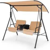 Goplus - Balancelle de Jardin 2 Places 181x124x161,5CM, Balancelle à Canopy Inclinable Ajustable avec Glacière, Plateau Rotatif, Porte-gobelets,