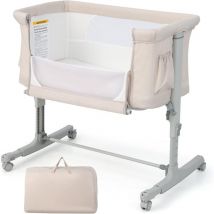 Berceau pour Bébé 3 en 1, Lit pour Cododo Portable avec Mode Berceau, Matelas Amovible, Hauteur Réglable, Poches de Rangement et Roues