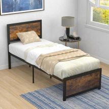 GOPLUS Cadre de Lit 1 Personne 90x200CM Chage 220KG-Lit Simple avec Tête de Lit sans Matéla-pour Chambre/Appartement Marron