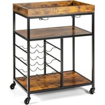 Goplus - Carrello da Cucina, Carrello di Servizio Multi-scomparti con 4 Ruote Universali, 3 Livelli di Stoccaggio e Portabottiglie con Parapetto,