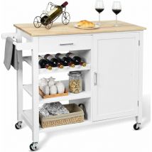 Goplus - Carrello da Cucina Multifunzione in Legno, Cassetto, Portabottiglie, Armadietto con Anta, Portasciugamani Laterale, 100 x 48 x 90 cm (Bianco)