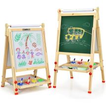Chevalet 3 en 1 en Bois de Pin avec Hauteur Reglable, Tableau en Double Face avec Patins Antiderapants, Chevalet avec Accessoires Abondants et