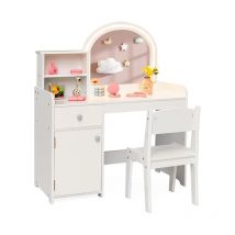 Goplus - Coiffeuse Enfant avec Lumière led Bicolores, Table de Maquillage Fille avec Mirroir Acrylique, Ensemble Coiffeuse et Tabouret avec Étagère,