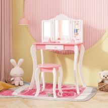 Goplus - Coiffeuse Enfant Fille avec Chaise, 2 en 1 Bureau Enfant et Coiffeuse avec Miroir Pliable en 3 Parties, Plateau Amovible, Tiroir de