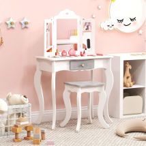 Goplus - Coiffeuse Enfant Fille, Coiffeuse avec 3 Miroir Amovibl et Tabouret, Table de Maquillage 2 en 1 pour Enfant 3+ Ans, Coiffeuse en Bois avec