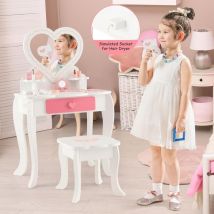 Goplus - Coiffeuse Enfant Fille, Coiffeuse avec Miroir Amovible en Forme de Coœr et Tabouret, Table de Maquillage 2 en 1 pour Enfant 3+ Ans,