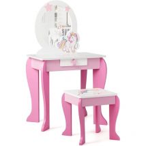 Goplus - Coiffeuse Enfant Motif Licorne-49X34X89,5CM-Table de Maquillage avec Tabouret/Miroir Detachable,Cadeau Parfait pour Enfants-Rose