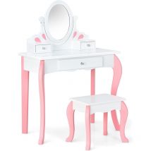Goplus - Coiffeuse Enfants Fille avec Miroir Rotatif à 360 ° et Amovible, Ensemble Coiffeuse avec Tabouret Confortable, Table de Maquillage avec 3