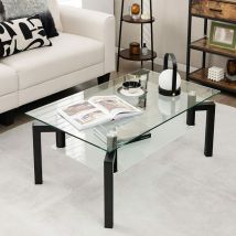 Couchtisch Aus Glas, 2-stöckiger Mitteltisch Mit Platte Aus Gehärtetem Glas & Offener Ablage, Rechteckiger Glastisch Mit Metallrahmen Für Wohnzimmer 