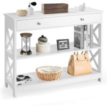 Goplus Couchtisch Mit Schublade, 3-stoeckiger Schmaler Eingangstisch Mit Offenen Regalen, Sofatisch Aus Holz Mit Kippschutz & Stabilen X-foermigen 