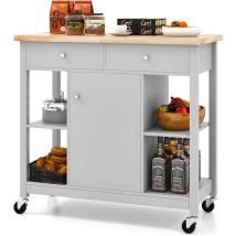 Desserte à roulettes de Cuisine avec Etagères Ouvertes, Tiroirs&Armoire, Chariot de Cuisine Roulant avec 2 Roues avec Freins, Comptoir en Bois