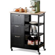 Desserte de Cuisine à roulettes, Chariot de Cuisine en Bois avec 3 Tiroirs, 3 étagères, Plateau Amovible, 67x37x83,5CM, Noir - Goplus