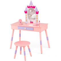 Goplus - Ensemble de Coiffeuse pour Enfants avec Miroir Amovible, Table de Maquillage avec Tabouret, Coiffeuse pour Fille avec Accessoires Abondants,