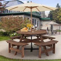 Ensemble de Table de Jardin et 4 Bancs en Bois de Sapin pour 8 Personnes,avec Trou de Parasol,Table de Pique-Nique,φ178x70cm - Goplus